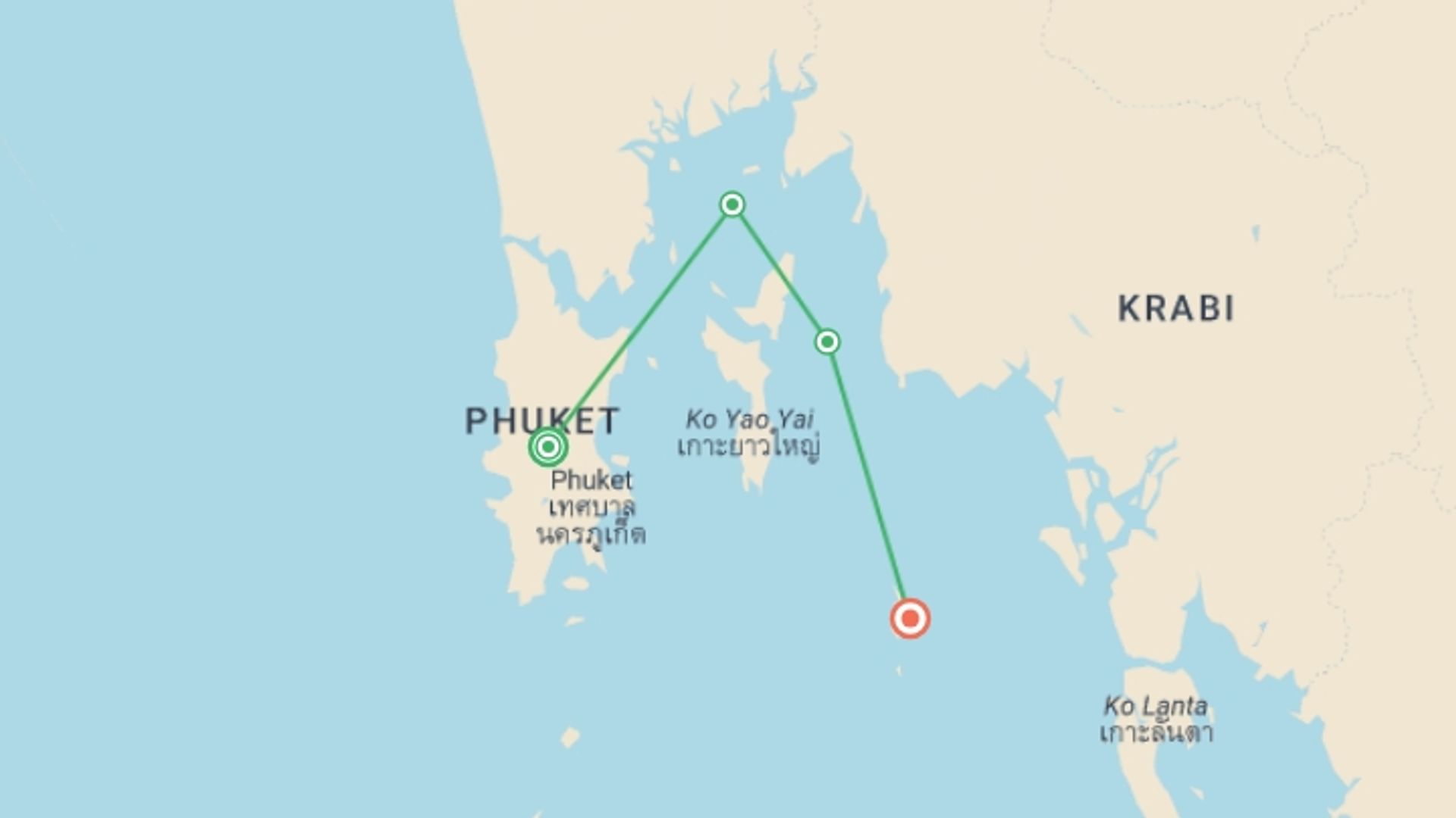 A map showing the tour itinerary for the trip: Sail Phuket to Ko Phi Phi, starting in Phuket, Thailand and ending in Koh Phi Phi, Thailand going through 3 other destinations.