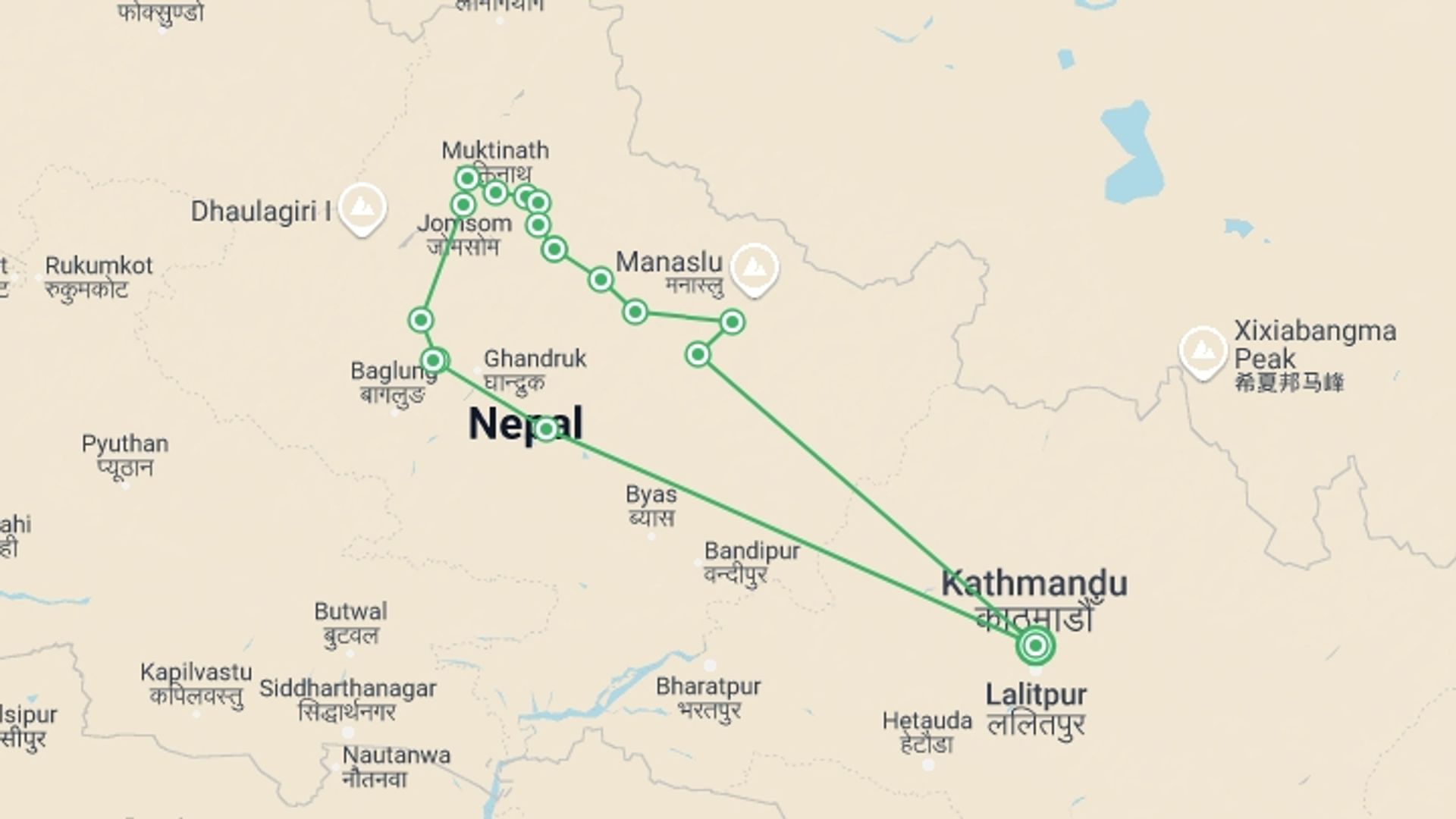 A map showing the tour itinerary for the trip: Annapurna Circuit Trek , starting in Kathmandu, Nepal and ending in Kathmandu, Nepal going through 13 other destinations.