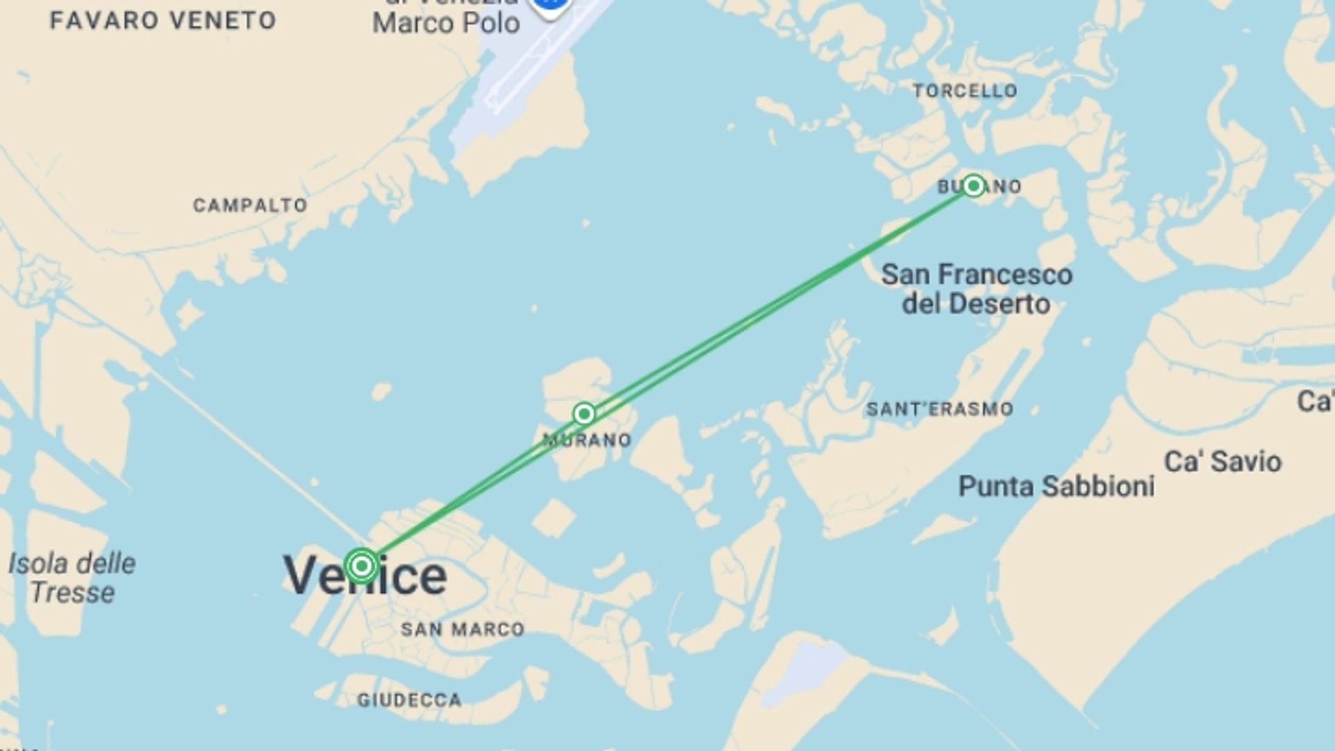 A map showing the tour itinerary for the trip: Venice Explorer (4 Star) - 4 days, starting in Venice, Italy and ending in Venice, Italy going through 1 other destinations.
