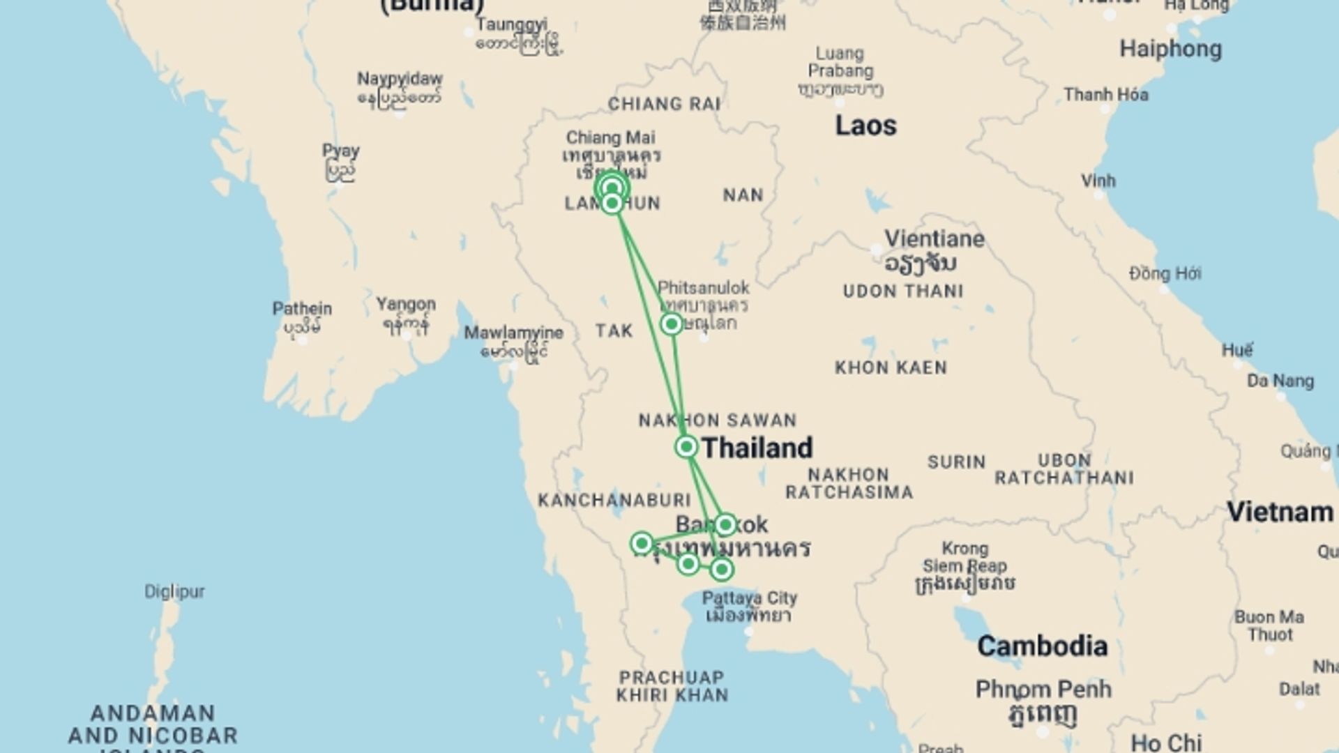 A map showing the tour itinerary for the trip: Treasures Of Thailand 8 Days - Chiang Mai To South, Private Tour, starting in Chiang Mai, Thailand and ending in Chiang Mai, Thailand going through 4 other destinations.