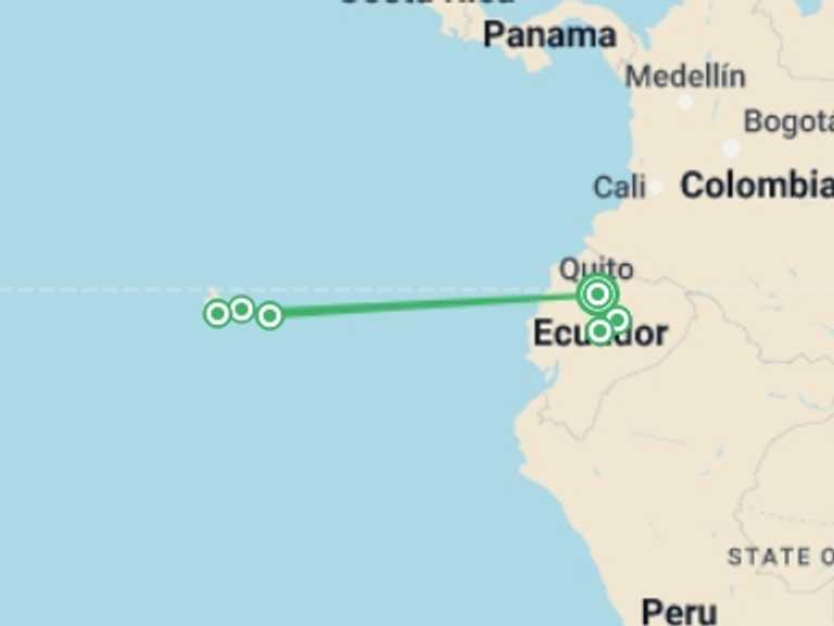 Map itinerary of Quito Tour in December 2026 with 7 destination visits for the trip: Ecuador and Galapagos Island Hopper