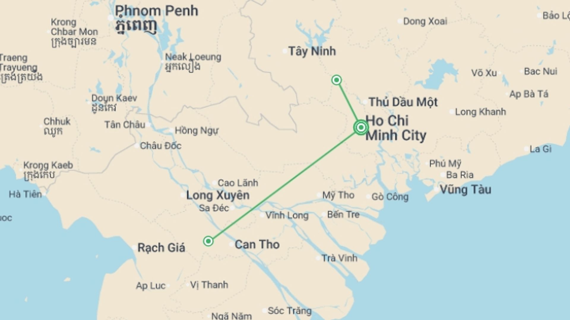 A map showing the tour itinerary for the trip: Saigon, Mekong Delta & Cu Chi Express - 5 days, starting in Ho Chi Minh City, Vietnam and ending in Ho Chi Minh City, Vietnam going through 0 other destinations.