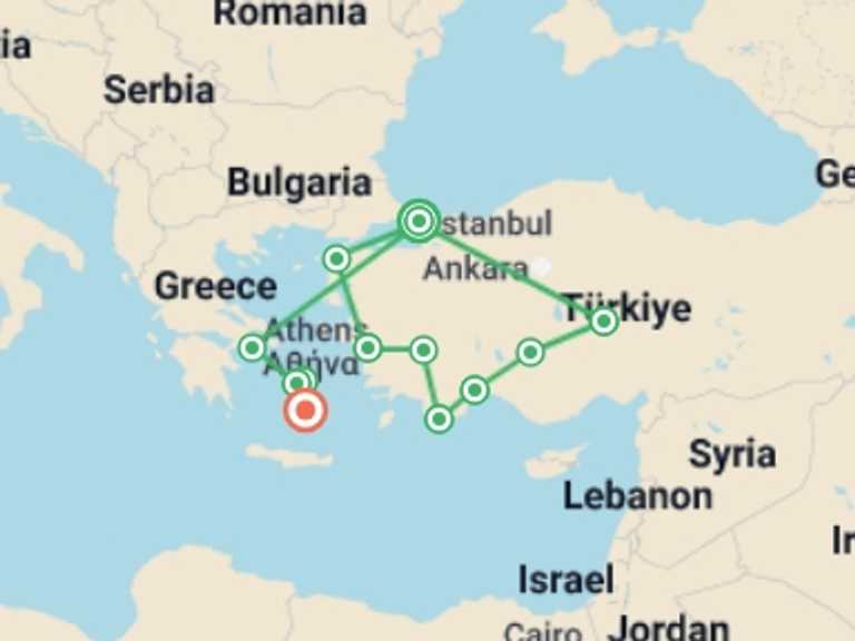 Map itinerary of Athens Tour in May 2027 with 12 destination visits for the trip: Premium Turkey & The Cyclades Islands in Depth