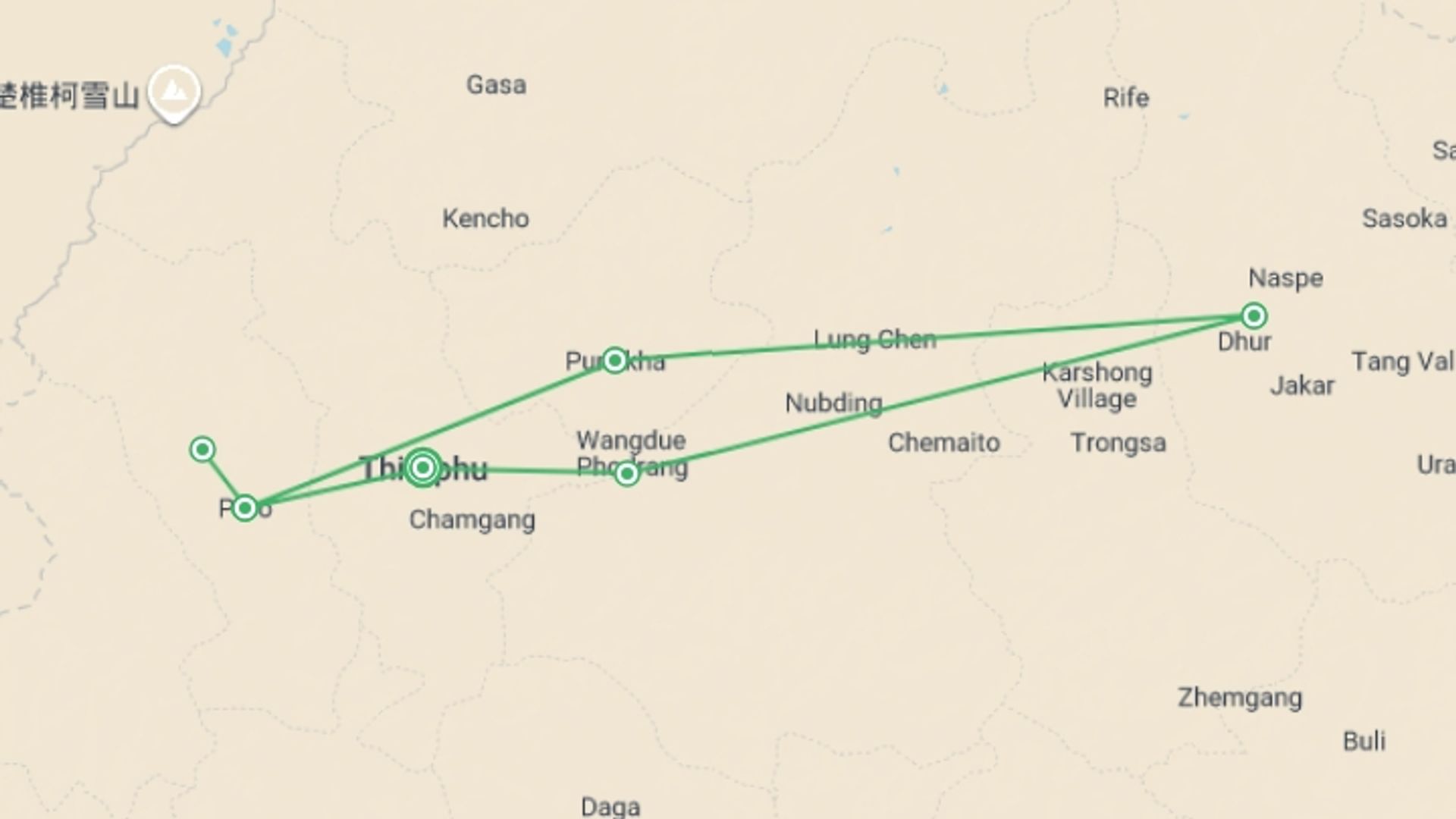 A map showing the tour itinerary for the trip: Bhutan, 10 Days Tour (on Request), starting in Thimphu, Bhutan and ending in Thimphu, Bhutan going through 4 other destinations.