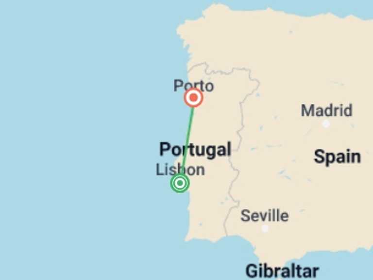 Map of a Natural landmarks sightseeing Tour with 5 destination visits for the trip: Best of Lisbon and Porto in 7 days