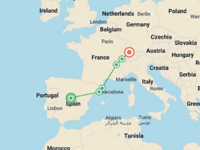 Map itinerary of Mediterranean Tour in July 2026 with 6 destination visits for the trip: Madrid to Zurich