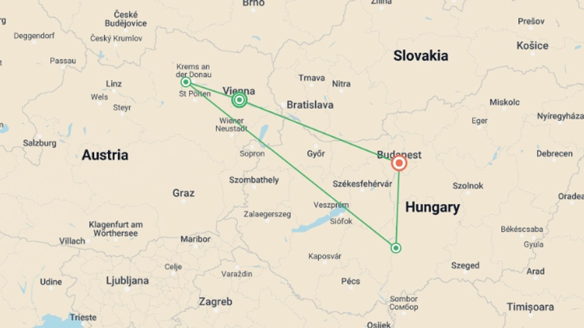 A map showing the tour itinerary for the trip: Enchanting Blue Danube Cruise, starting in Vienna, Austria and ending in Budapest, Hungary going through 2 other destinations.