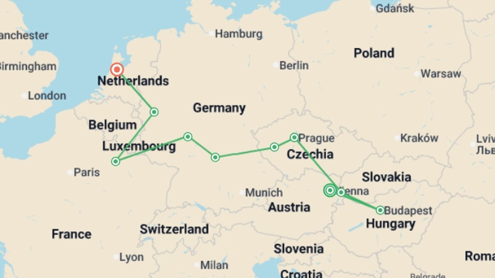 A map showing the tour itinerary for the trip: European Charm, starting in Vienna, Austria and ending in Amsterdam, Holland going through 3 other destinations.