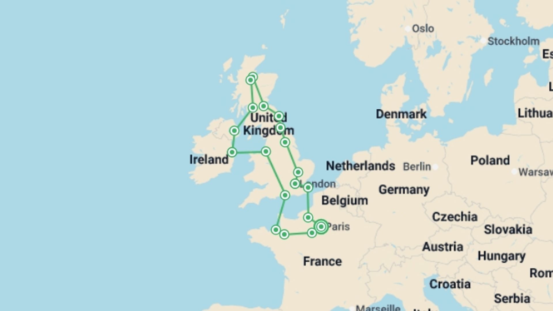 A map showing the tour itinerary for the trip: United Kingdom and Brittany with Rouen, starting in Paris, France and ending in Paris, France going through 8 other destinations.