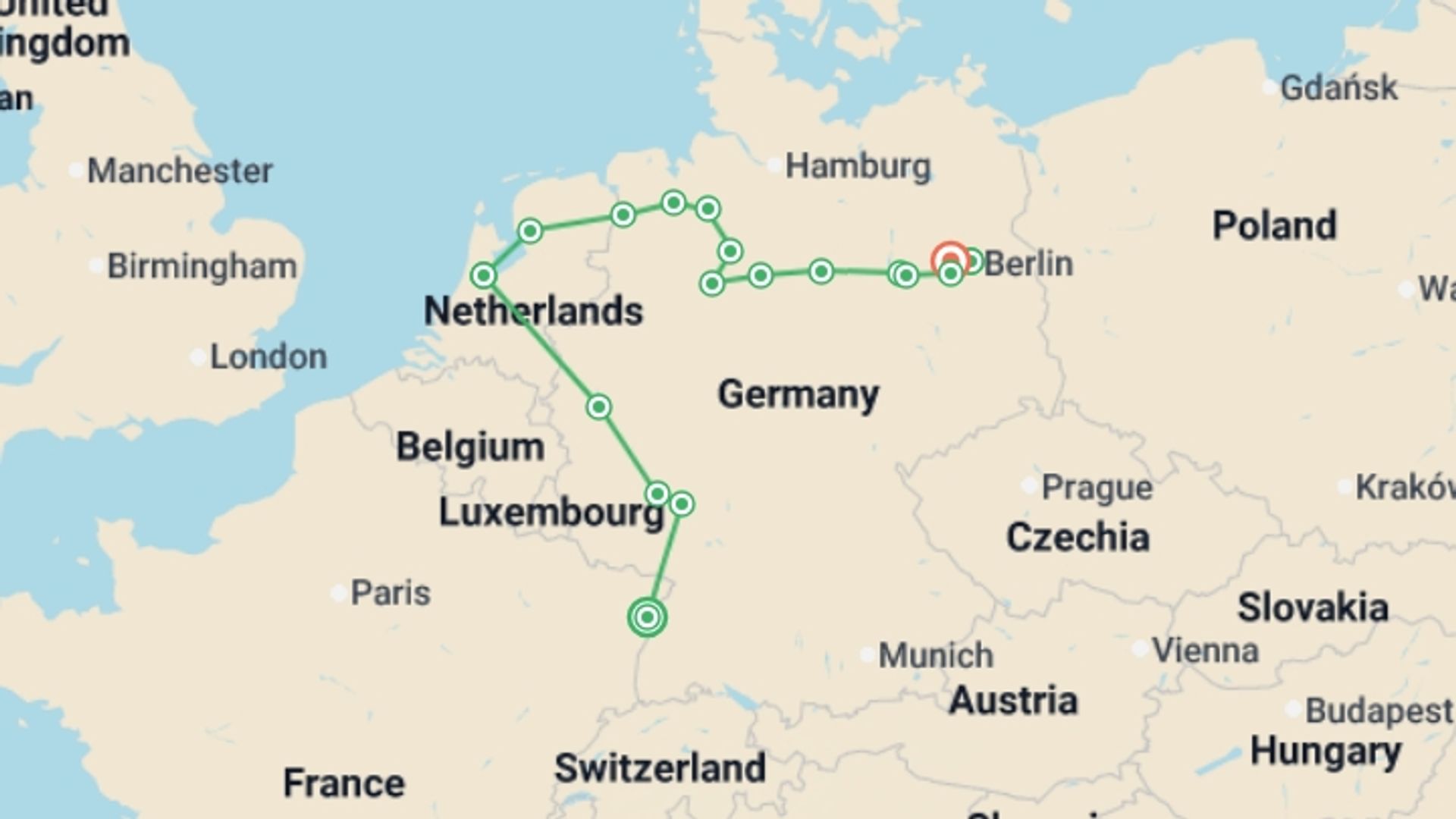 A map showing the tour itinerary for the trip: From Strasbourg to Berlin along the Rhine (port-to-port cruise), starting in Strasbourg, France and ending in Spandau, Germany going through 12 other destinations.