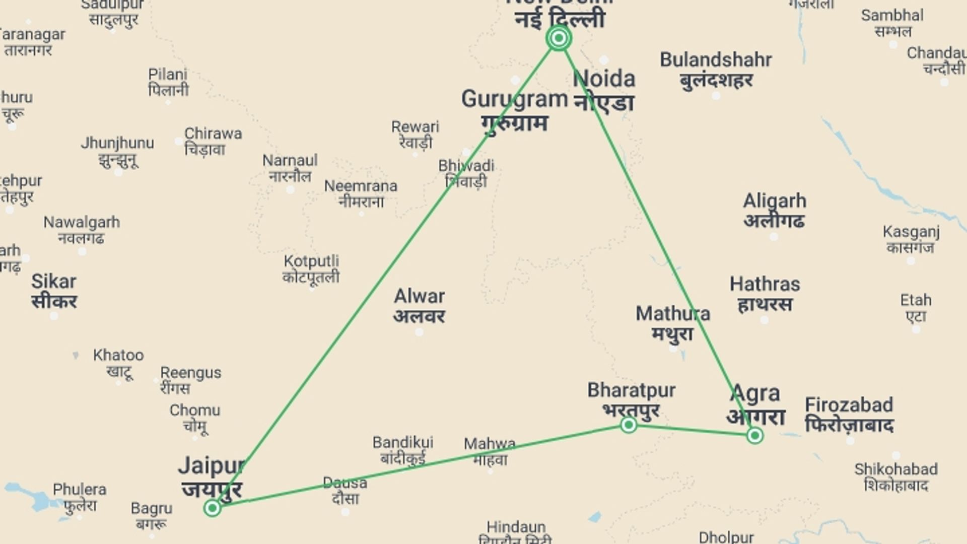 A map showing the tour itinerary for the trip: Picturesque Solo India Tour, starting in New Delhi, India and ending in New Delhi, India going through 3 other destinations.