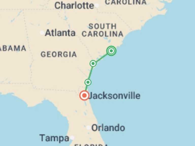 Map itinerary of USA Tour in Fall with 4 destination visits for the trip: Southern Charm Holiday 