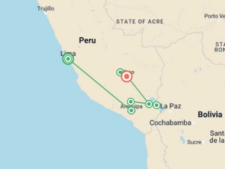 Map of Lima Active and outdoor Tour with 8 destination visits for the trip: Classic Peru