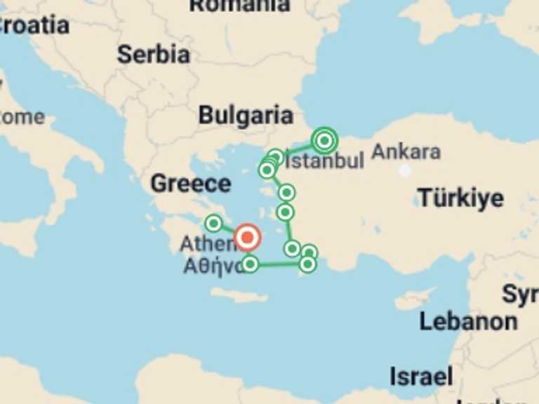 Map of a Cultural, religious and historic sites Tour with 9 destination visits for the trip: Glories of Türkiye and Greece