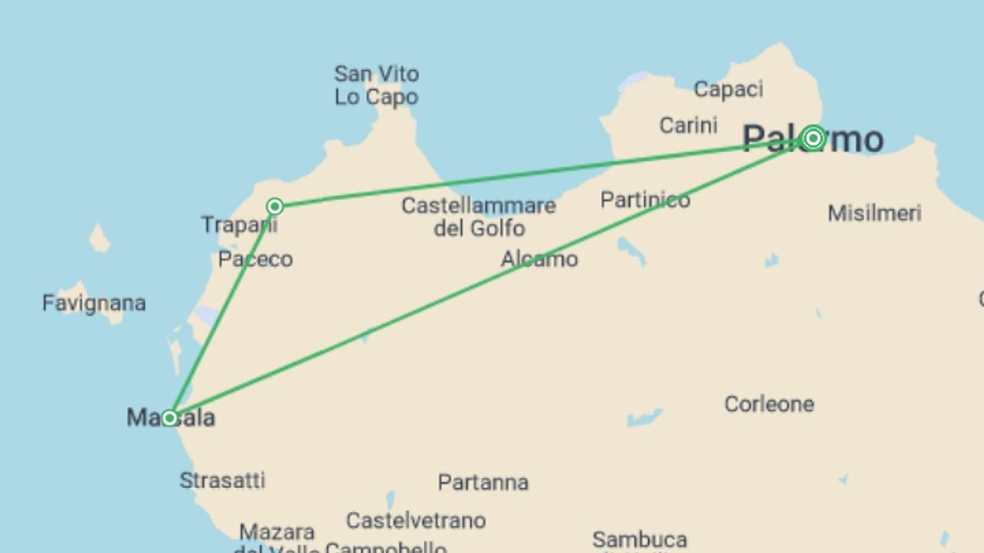 A map showing the tour itinerary for the trip: Discovering Palermo, starting in Palermo, Italy and ending in Palermo, Italy going through 0 other destinations.