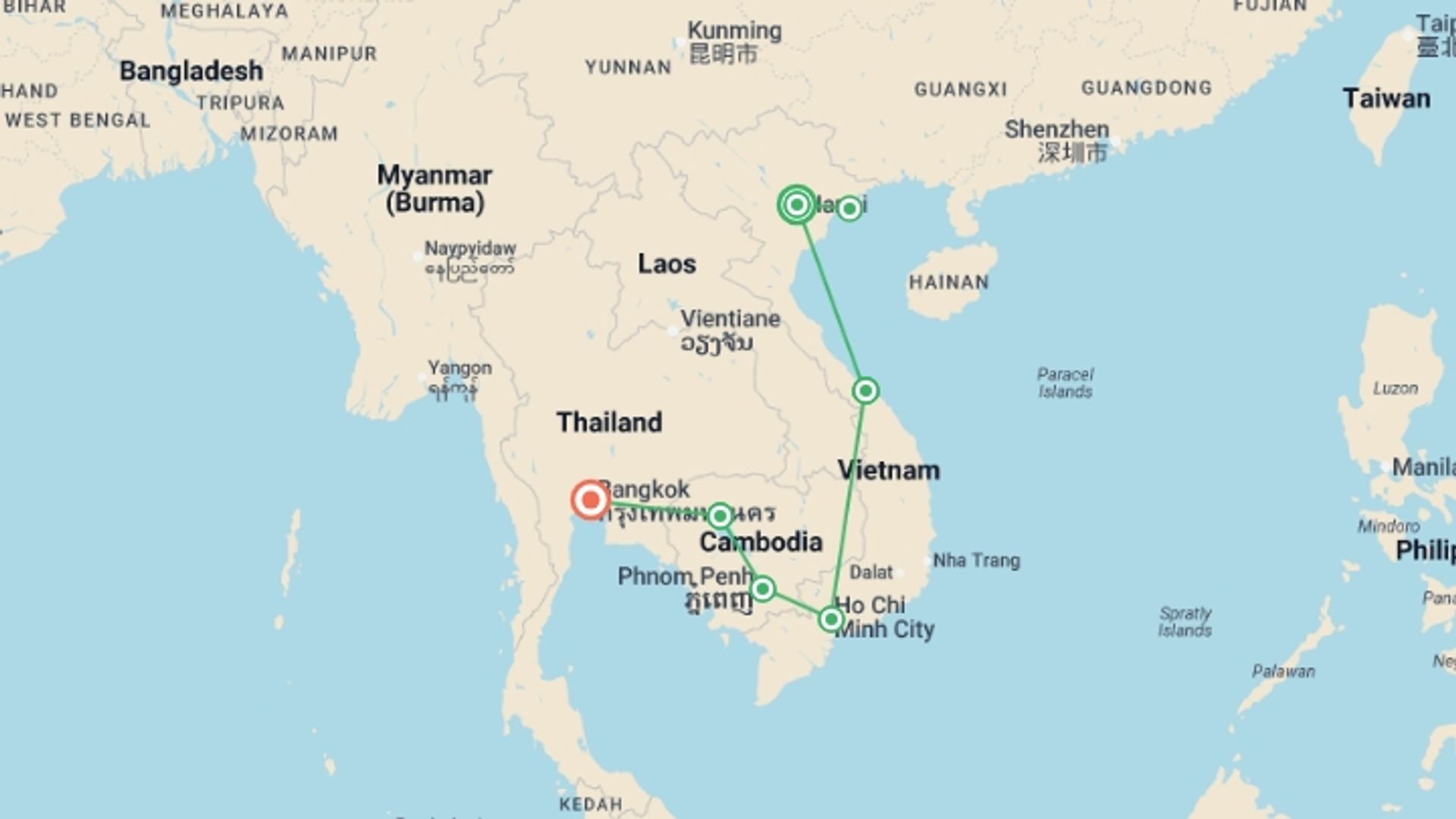 A map showing the tour itinerary for the trip: Journey to Angkor Wat & Bangkok - 17 days, starting in Hanoi, Vietnam and ending in Bangkok, Thailand going through 5 other destinations.