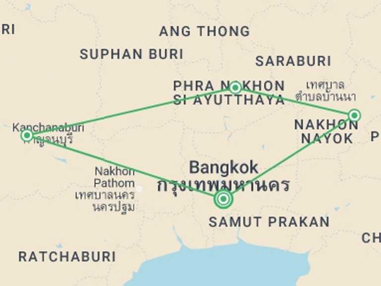 Map itinerary of Ayutthaya Tour in June 2026 with 3 destination visits for the trip: Central Thailand Highlights In A Loop 3 Days, Small Group Tour (other Languages)