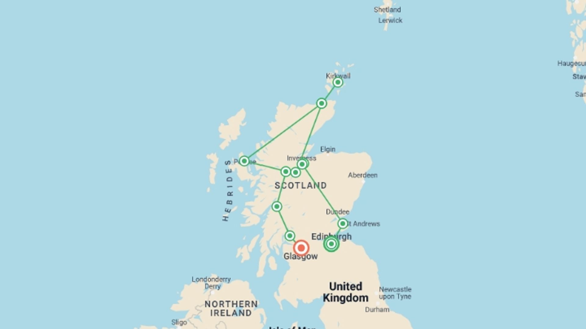 A map showing the tour itinerary for the trip: Country Roads of Scotland, starting in Edinburgh, Scotland and ending in Glasgow, Scotland going through 4 other destinations.