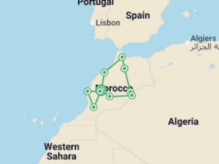 Map itinerary of Africa Tour in October 2026 with 11 destination visits for the trip: Best of Morocco