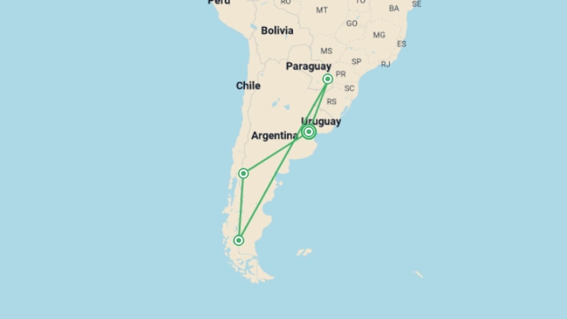 A map showing the tour itinerary for the trip: Patagonian Adventure, starting in Buenos Aires, Argentina and ending in Buenos Aires, Argentina going through 3 other destinations.