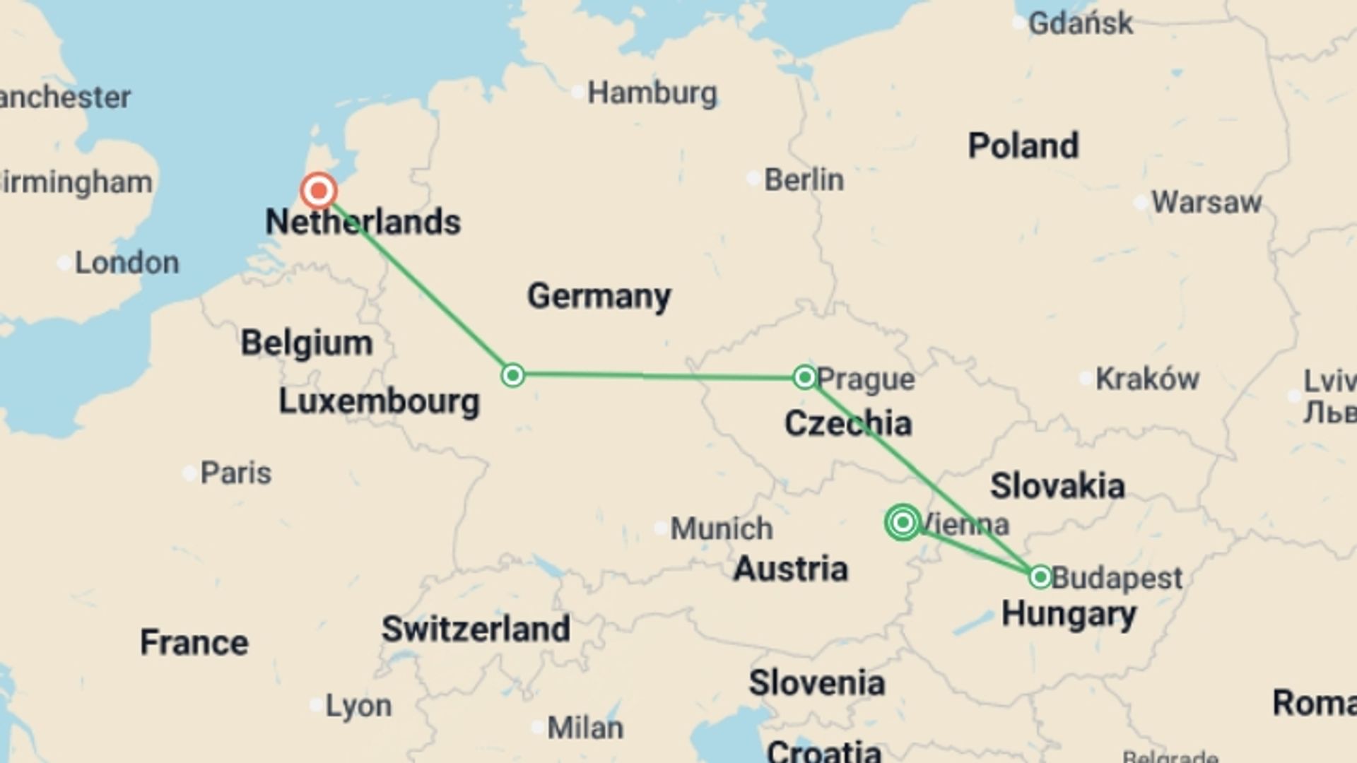 A map showing the tour itinerary for the trip: European Charm IND, starting in Vienna, Austria and ending in Amsterdam, Holland going through 3 other destinations.