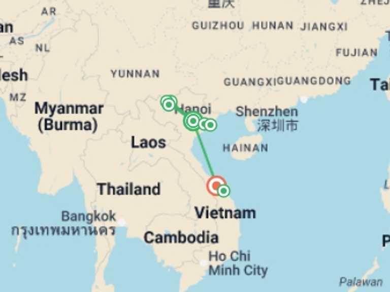 Map itinerary of Hanoi Tour in October 2026 with 8 destination visits for the trip: VIETNAM NORTH AND CENTRAL FOR FAMILY