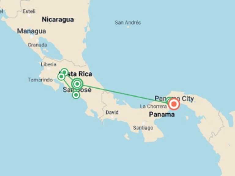 Map of San Jose Hot springs Tour with 7 destination visits for the trip: Treasures of Costa Rica and Panama