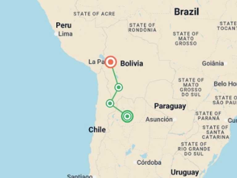 Map of San Pedro De Atacama Adventure Tour with 5 destination visits for the trip: Salta to La Paz Salt Flats Adventure 10D/9N