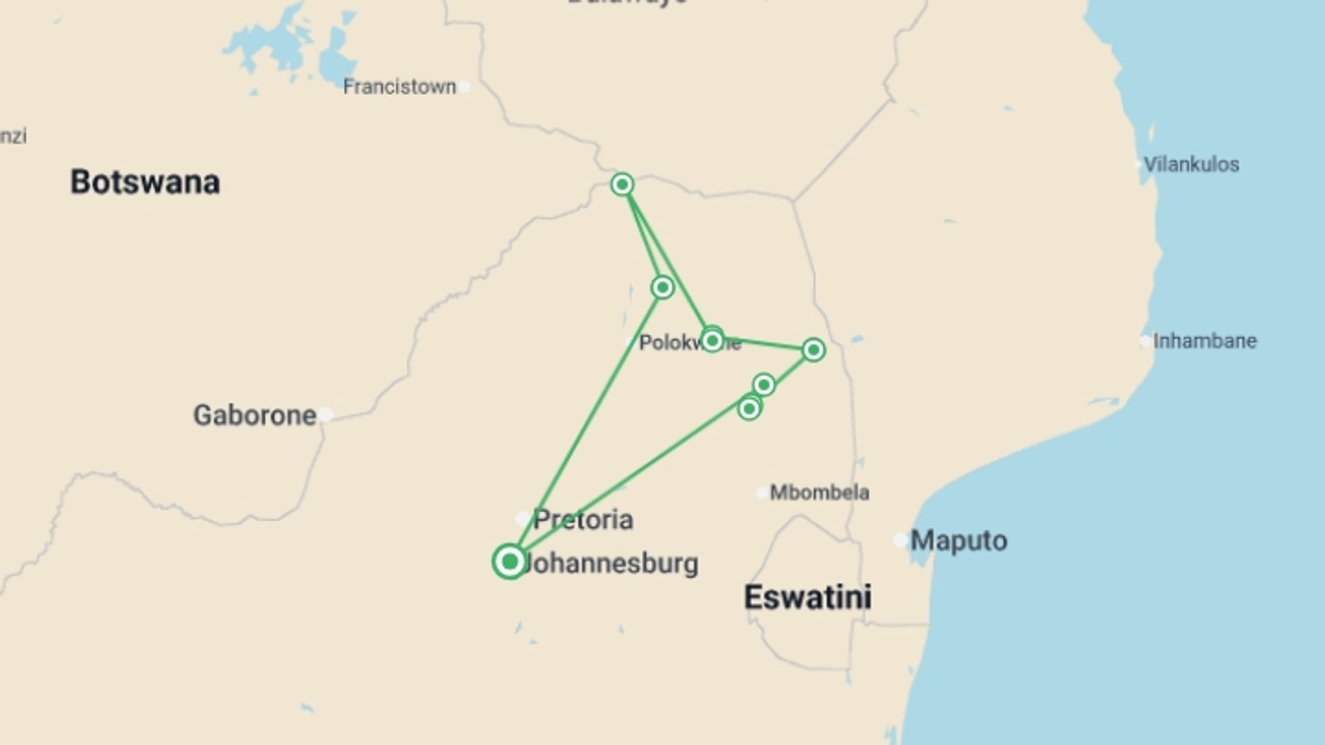 A map showing the tour itinerary for the trip: South Africa Cycling Adventure, starting in Johannesburg, South Africa and ending in Johannesburg, South Africa going through 8 other destinations.