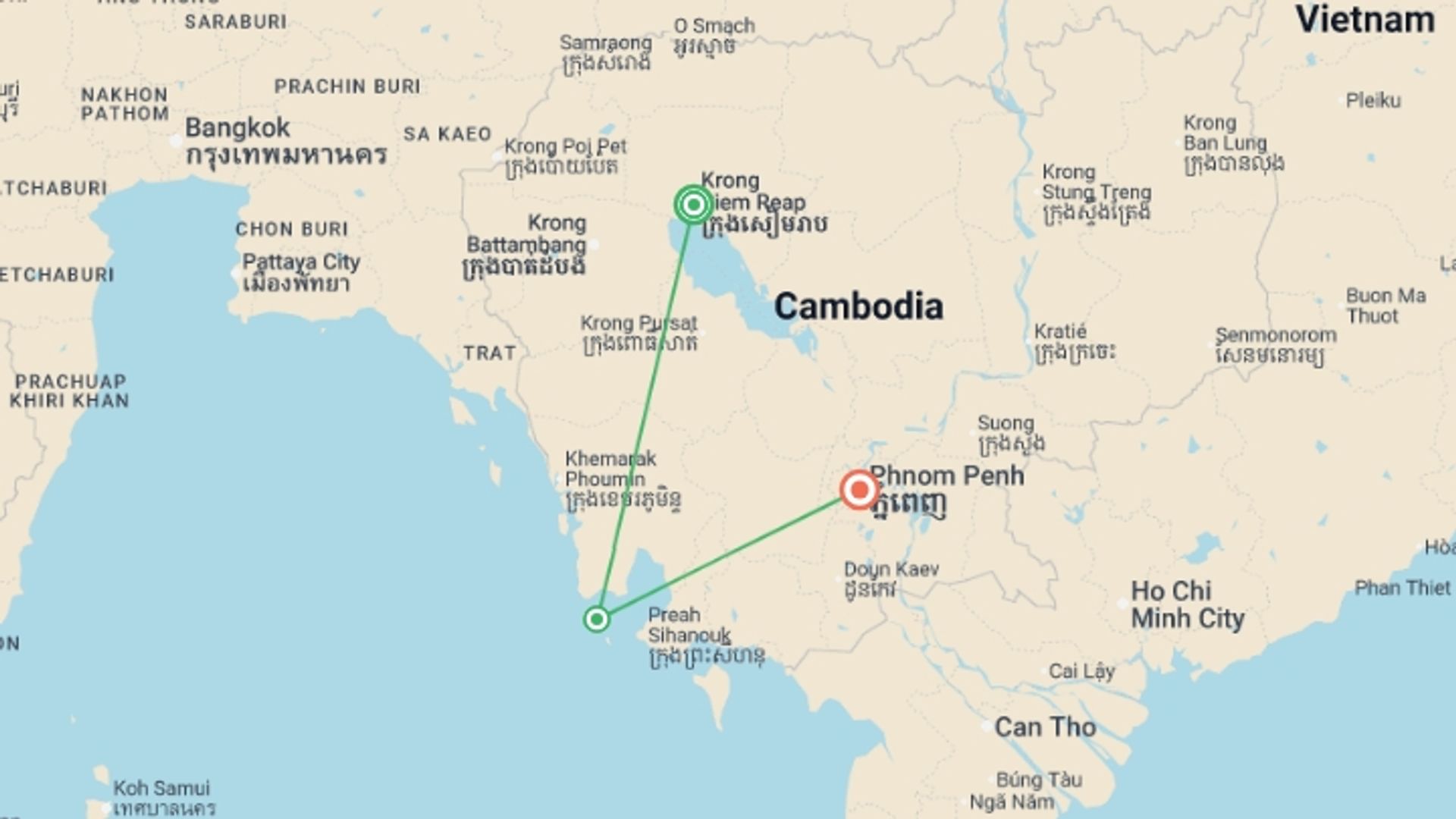 A map showing the tour itinerary for the trip: Cambodia: Angkor Wat, Koh Rong & The Cardamom Mountains, starting in Siem Reap, Cambodia and ending in Phnom Penh, Cambodia going through 2 other destinations.