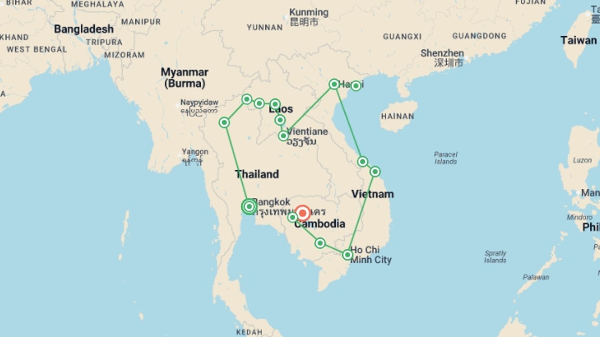 A map showing the tour itinerary for the trip: Southeast Asia Adventure, starting in Bangkok, Thailand and ending in Siem Reap, Cambodia going through 13 other destinations.