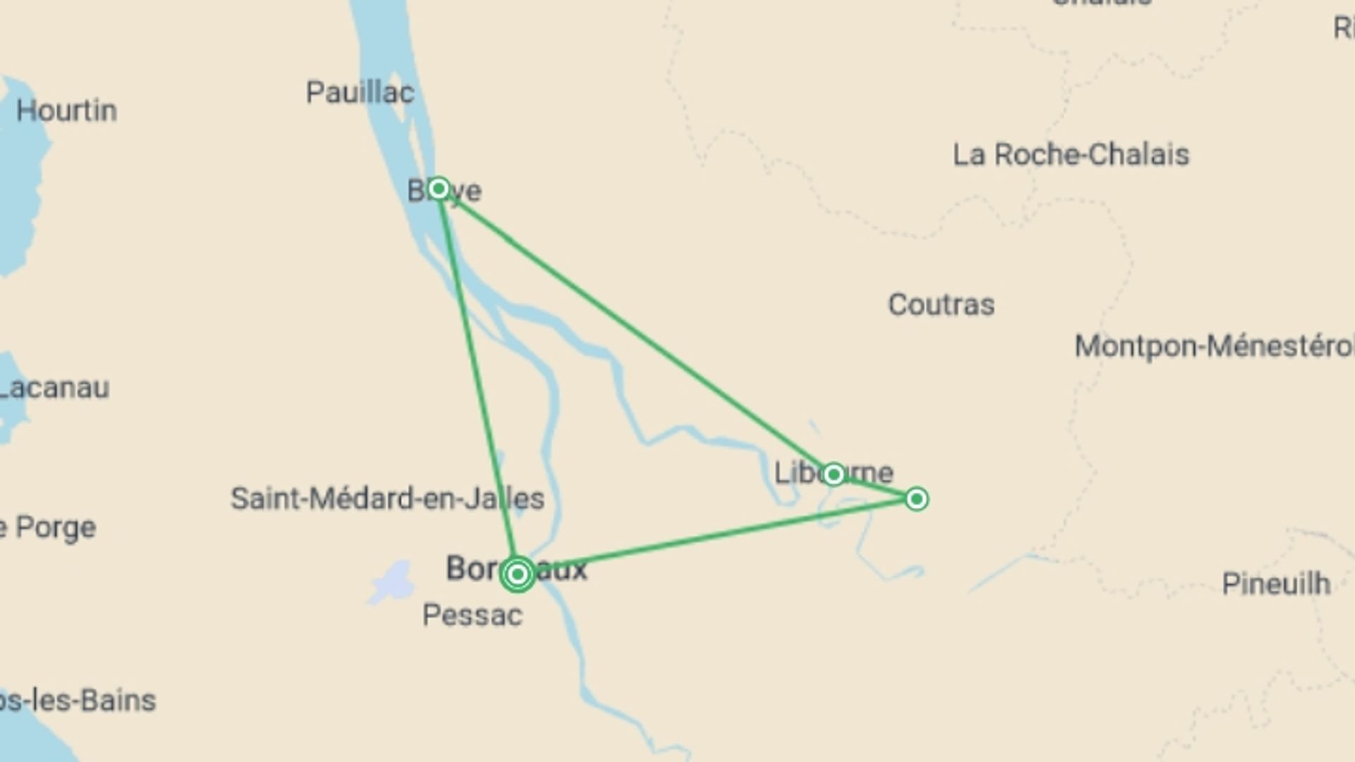 A map showing the tour itinerary for the trip: New Year in the Bordeaux region (port-to-port cruise), starting in Bordeaux, France and ending in Bordeaux, France going through 1 other destinations.