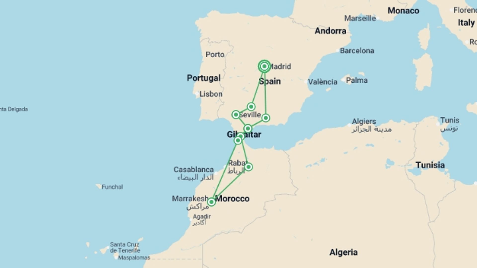 A map showing the tour itinerary for the trip: Madrid, Morocco & Andalucia - 16 days, starting in Madrid, Spain and ending in Madrid, Spain going through 7 other destinations.