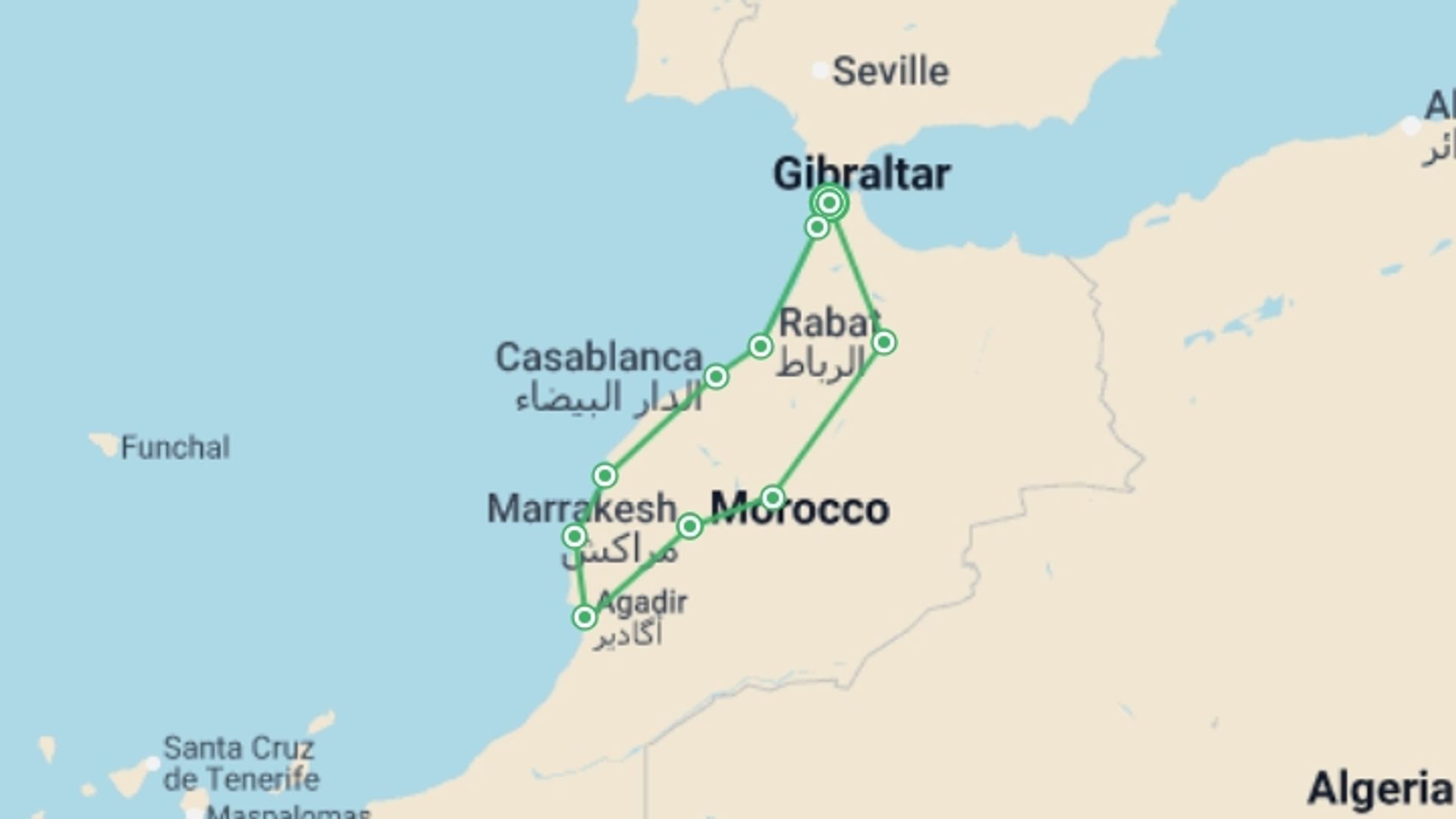 A map showing the tour itinerary for the trip: Moroccan Hallmarks, starting in Tangier, Morocco and ending in Tangier, Morocco going through 5 other destinations.