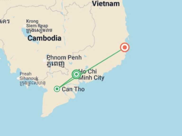 Map itinerary of Asia Tour in October 2026 with 3 destination visits for the trip: Saigon, Mekong & Nha Trang (Deluxe) - 8 days