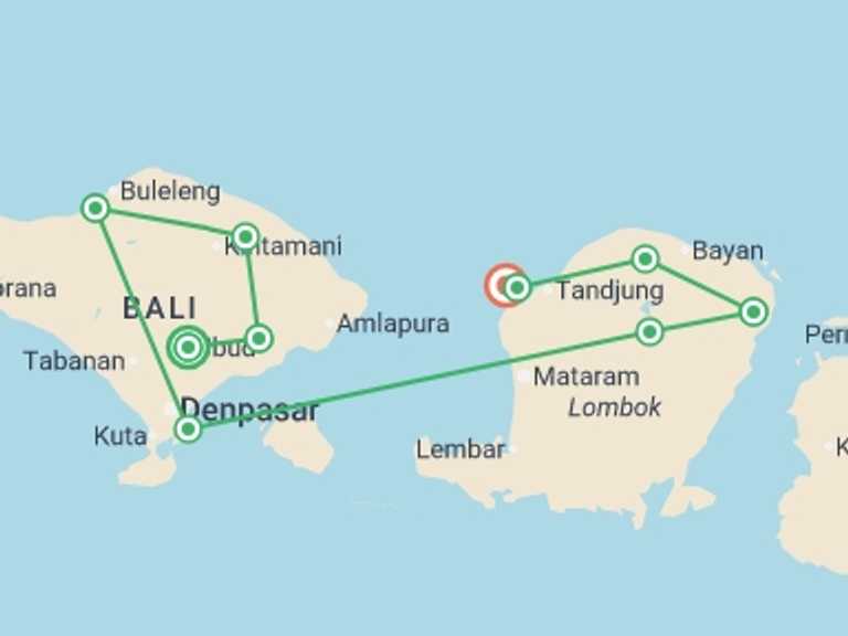 Map itinerary of Ubud Tour in September 2026 with 10 destination visits for the trip: Bali & Lombok Adventure