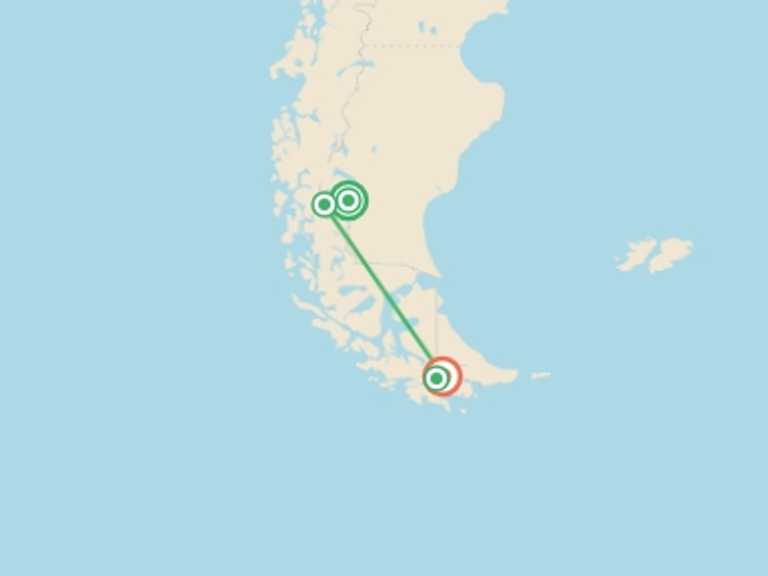 Map of a National parks Tour with 4 destination visits for the trip: Argentina: Calafate and Ushuaia - 5 days
