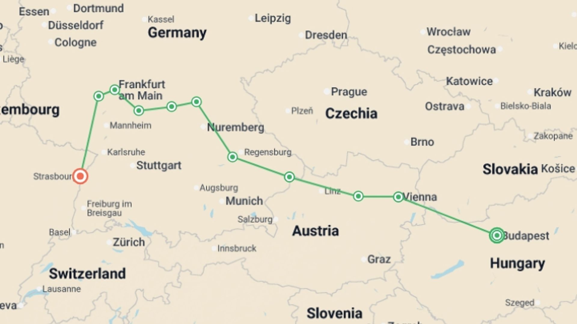 A map showing the tour itinerary for the trip: Trans-European cruise from Budapest to Strasbourg (port-to-port cruise), starting in Budapest, Hungary and ending in Strasbourg, France going through 8 other destinations.