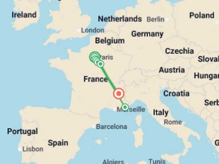 Map itinerary of Europe Tour in March 2027 with 7 destination visits for the trip: Revisit France's Past, its Royal Sites, and Medieval Cities during a Historic Cruise on the Petite Seine  (port-to-port cruise)