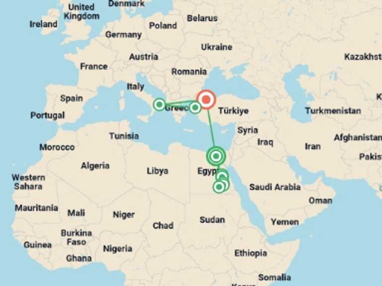 Map of Europe Tour with 10 destination visits for the trip: Classical Egypt & ANZAC 2027 - 16 days
