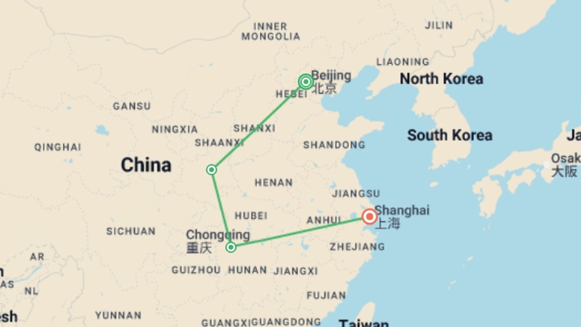 A map showing the tour itinerary for the trip: Totally China & Zhangjiajie - 11 days, starting in Beijing, China and ending in Shanghai, China going through 2 other destinations.