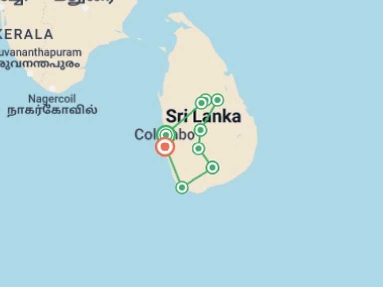 Map itinerary of Galle Tour in February 2026 with 9 destination visits for the trip: Sri Lanka Spice Trails