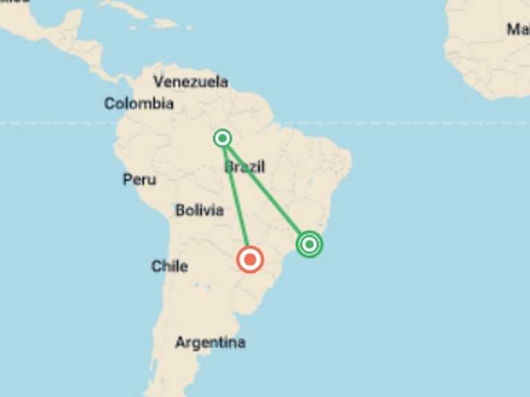 Map of South America Tour with 4 destination visits for the trip: Rio, the Amazon & Iguazu Falls - 9 days