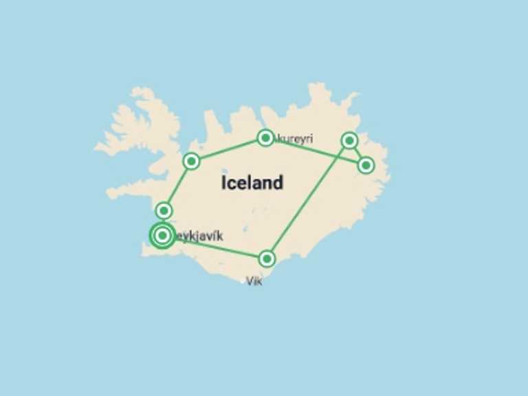 Map itinerary of Europe Tour in September 2026 with 7 destination visits for the trip: Classic Iceland Highlights - 8 days
