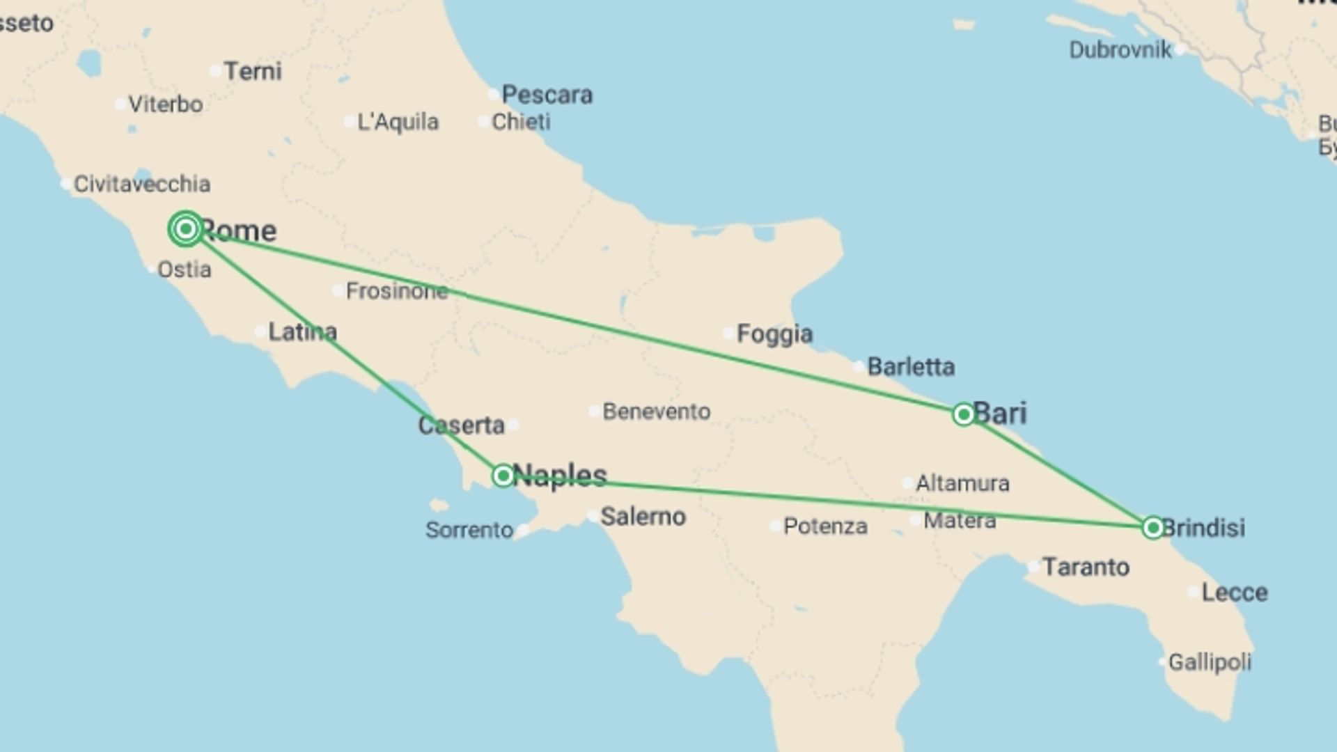 A map showing the tour itinerary for the trip: Beautiful Puglia, starting in Rome, Italy and ending in Rome, Italy going through 3 other destinations.
