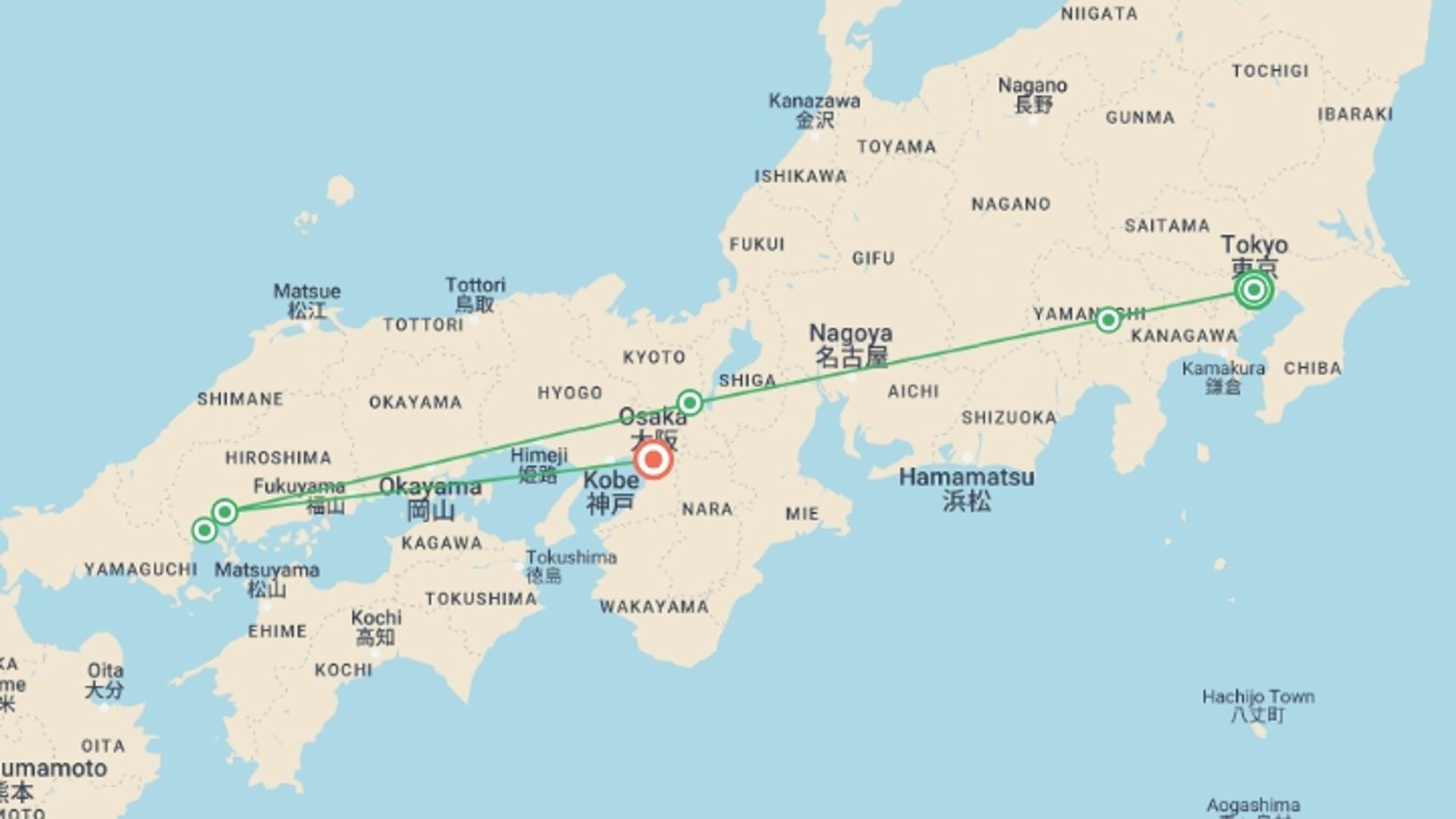A map showing the tour itinerary for the trip: Best of Japan 2026, starting in Tokyo, Japan and ending in Osaka, Japan going through 3 other destinations.