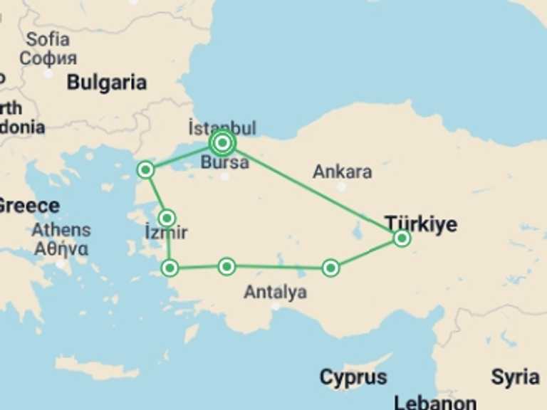 Map of 10-Day Istanbul Tour with 7 destination visits for the trip: Private Easymade Turkey Tour