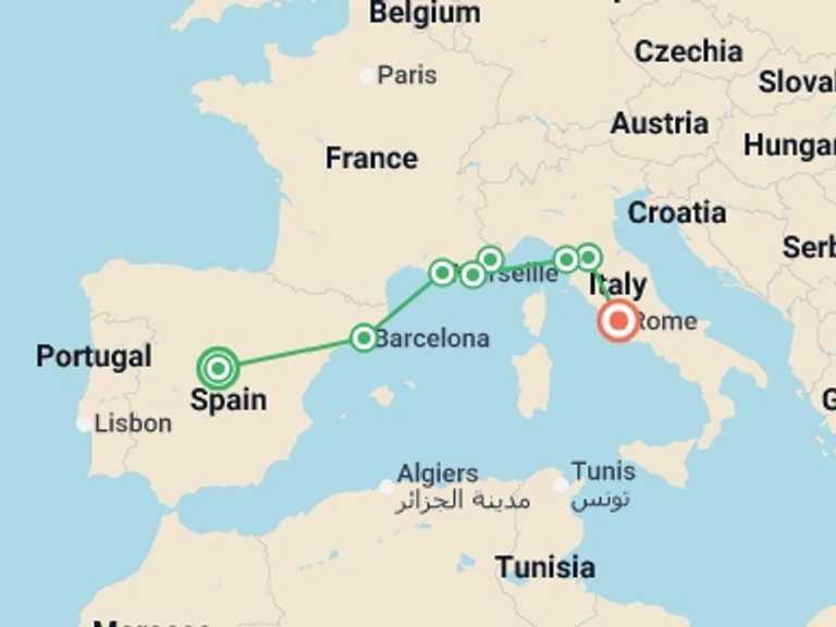 Map of Europe Tour with 8 destination visits for the trip: Mediterranean Highlights