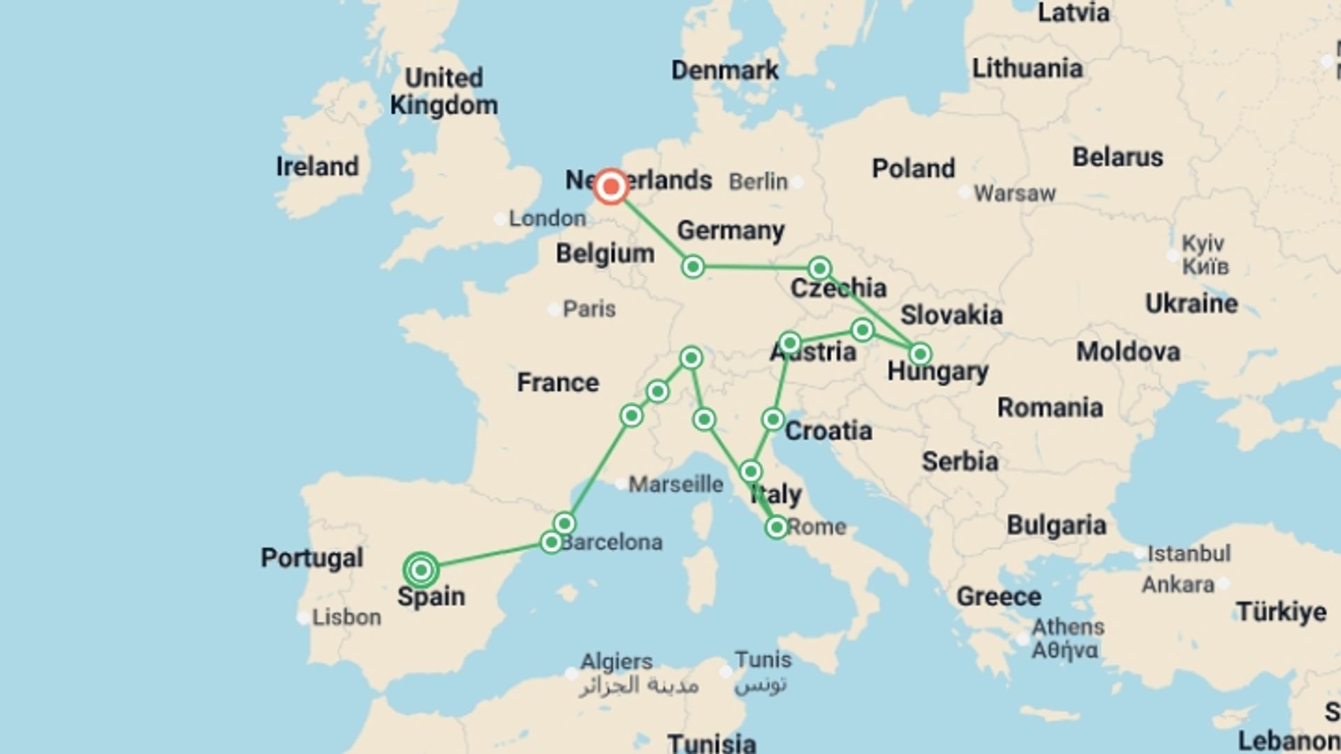 A map showing the tour itinerary for the trip: Artistic Mosaic, starting in Madrid, Spain and ending in Amsterdam, Holland going through 14 other destinations.