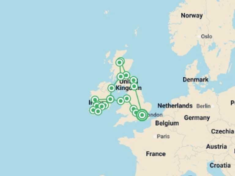 Map itinerary of Europe Tour in Summer with 11 destination visits for the trip: Treasures Of England Scotland and Ireland